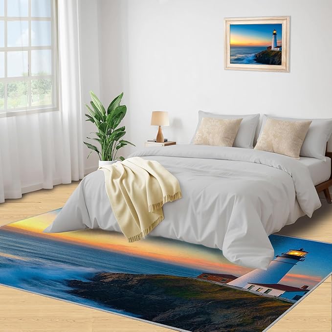 Coastal Rugs for Bedroom - 4x6 Area Rug - Ocean Lighthouse Rugs for Living Room, Sunset Ocean Scenery Rug, Non-Slip Washable Home Decor Carpet