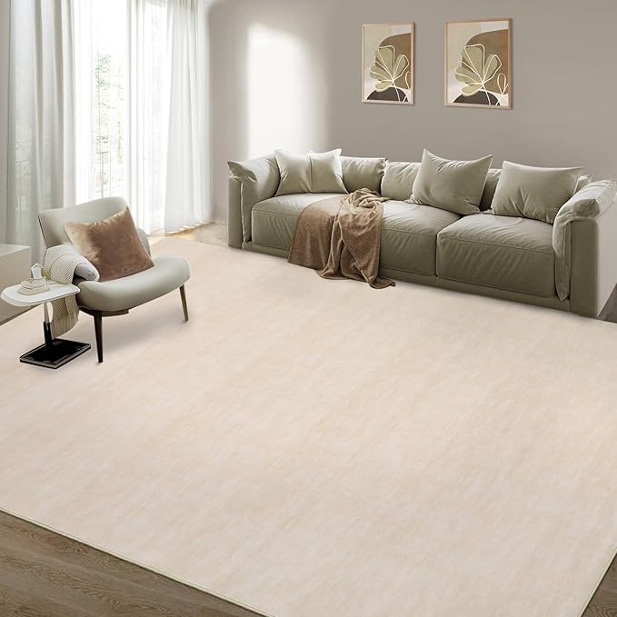 RUGSREAL Living Room Area Rug 10x13 Modern Solid Color Large Bedroom Rug with Rubber Backing Stain Resistant Low Pile Dining Room Throw Carpet Contemporary Washable Rug for Home Decor Office, Beige