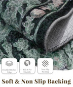 Dark Green Boho 5x7 Area Rugs for Bedroom Aesthetic, Washable Floral Rug for Living Room, Nursery - Low Pile Non Slip French Country Carpet for Dining Room Under Table - Botanical Mat for Indoor