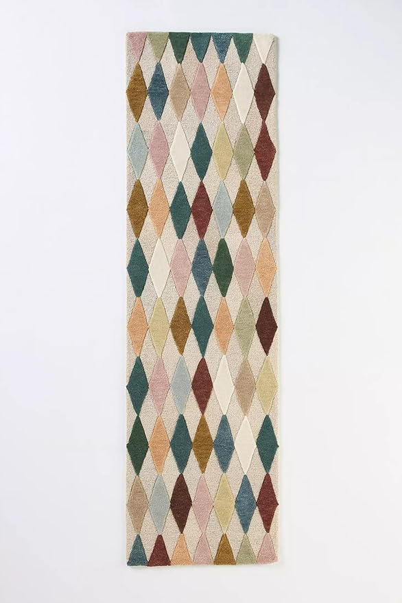Hand-Tufted Wool Rug with Multicolor Diamond Pattern (2.5x12 Ft) - Modern Geometric Accent Rug for Living Room, Bedroom, or Office, Ivory Base