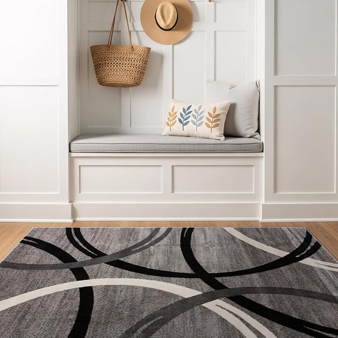 Rugshop Wavy Circles Design Area Rug, Carpet with Jute Backing for Kitchen, Entryway, or Office, Gray, 4' x 6'
