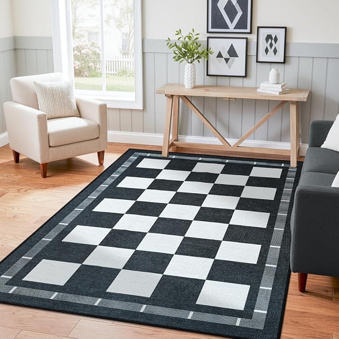Vasofe Plaid 3x5 Outdoor Patio Rug,Checkered Jute Entryway Rugs, Washable Black and White Indoor Bedroom, Farmhouse Neutral Front Door Mat,Modern Carpet for Porch Patio Balcony Kitchen