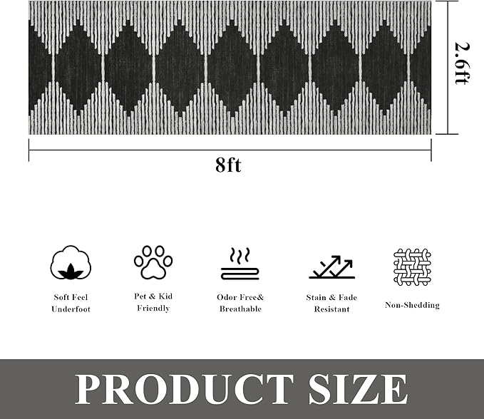 HelloTree Hallway Runner Rug，2.6x8 Moroccan Modern Stripe Carpet Washable Machine Bathroom Runner Bohemian Design Modern Soft Non Slip Indoor Rug for Entryway Hallway Laundry Room Bedroom-Black