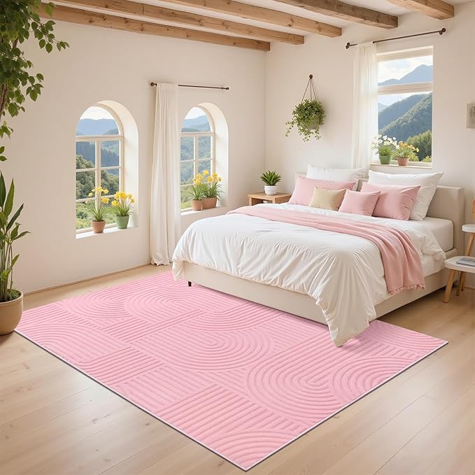 Pauwer 5x7 Washable Area Rugs for Living Room Modern Pink Solid Color Soft Fluffy Rugs for Bedroom Non Slip Boho Accent Indoor Mat Floor Carpet Cover for Kids Room Dining Room Kitchen Office, Pink