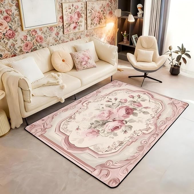 French Country Floral 5x7 Area Rug Pink Rose Living Room Rug | Romantic Flowers Rugs for Bedroom, Rustic Carpet Indoor Floor Mat