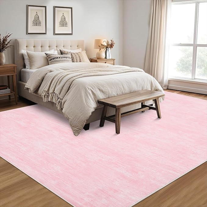 Garvee 8x10 Area Rug for Living Room Washable Kids Room Rug with Rubber Backing, Stain Resistant Modern Solid Rugs Non Shedding Low Pile Contemporary Carpet for Bedroom, Dining Room, Pink