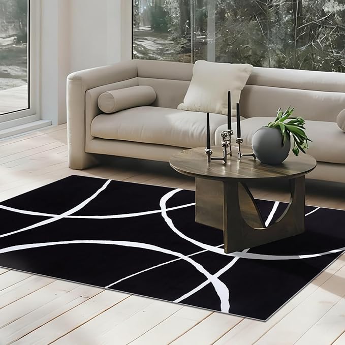 YIHOUSE Modern Washable Area Rug for Living Room Bedroom - Large Abstract Black and White Rug Non-Slip Ultra-Thin Home Decor (Dark Curve, 5'x7'ft)