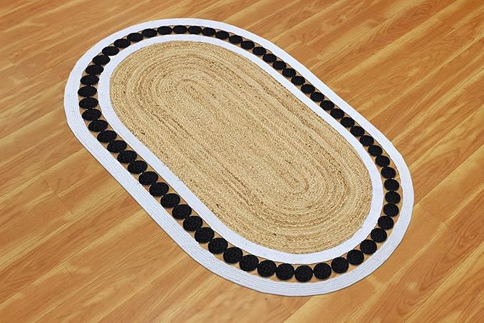 Flatweave Runner 2.6x14 Oval Kilim Jute Runner Hand Braided Jute Thick 0.27" Solid Pattern Black Beige Natural Oval Handmade Boho Indoor Outdoor Rugs for Hallway Enterway Stair Corridor