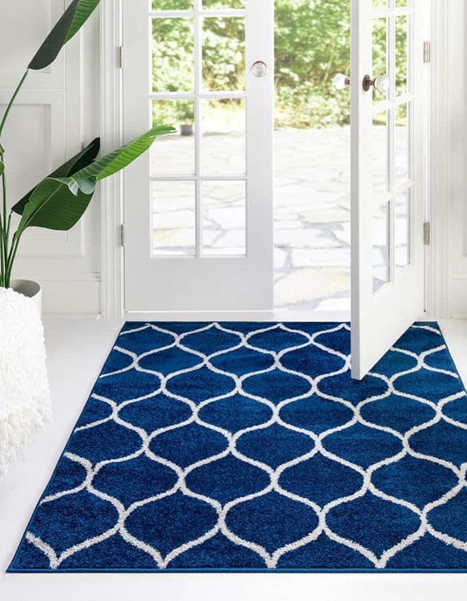 Rugs.com Lattice Frieze Collection Rug – 6' Square Navy Blue Medium Rug Perfect for Living Rooms, Kitchens, Entryways