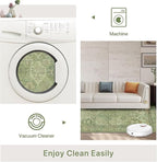 Bavni Washable Rug 9x12 Area Rug for Living Room Bedroom Dining, Washable Vintage Print Carpet, Ultra-Thin Chenille Low Pile Lightweight Rug with Non Slip Backing, Light Green