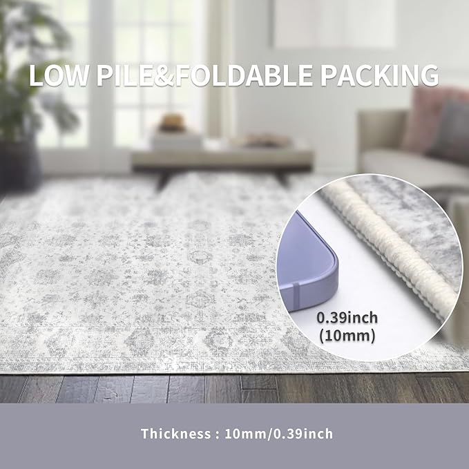 Washable 3×5 Area Rug for Living Room, Vintage Floral Rug Soft Non Slip Stain Resistant Boho Carpet for Bedroom Dinning Room Kitchen Home Office Grey