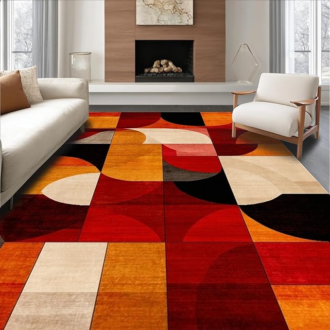 Flatwoven High Traffic Area Rug 6x9, Ember Abstract Geometric Shape Throw Indoor Floor, Non Slip, Stain Resistant, Washable Area Rugs for Living Room, Bedroom (Orange, 6x9)