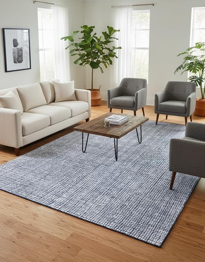 Hand-Tufted 100% Wool Pile Area Rug – Geometric Textured Grid Check Pattern – Thick and Durable Floor Carpet for Bedroom, Living Room, Kids Room, and Dining Area (Navy Blue, 7' x 10')