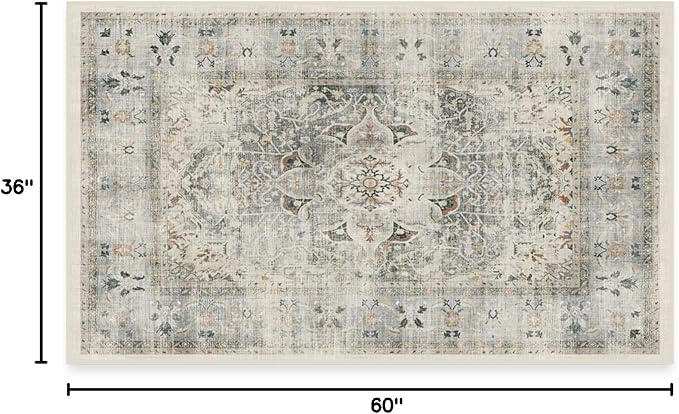 RUGGABLE Washable Vintage Area Rug – Sarrah Sage 3x5, Stain-Resistant, Non-Slip – Small Machine Washable Rugs for Living Room, Bedroom, Hallway, Entryway & Office–with Cushioned Pad