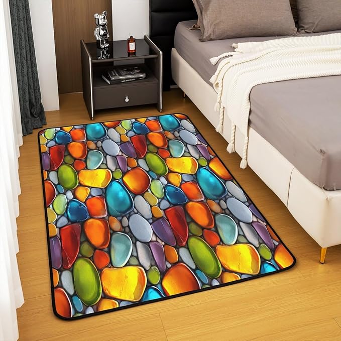 Cobblestone 5x7 Area Rug Rainbow Pebble Living Room Rug | Garden Gravel Stone Rugs for Bedroom, Watercolor Cobble Carpet Indoor Floor Mat