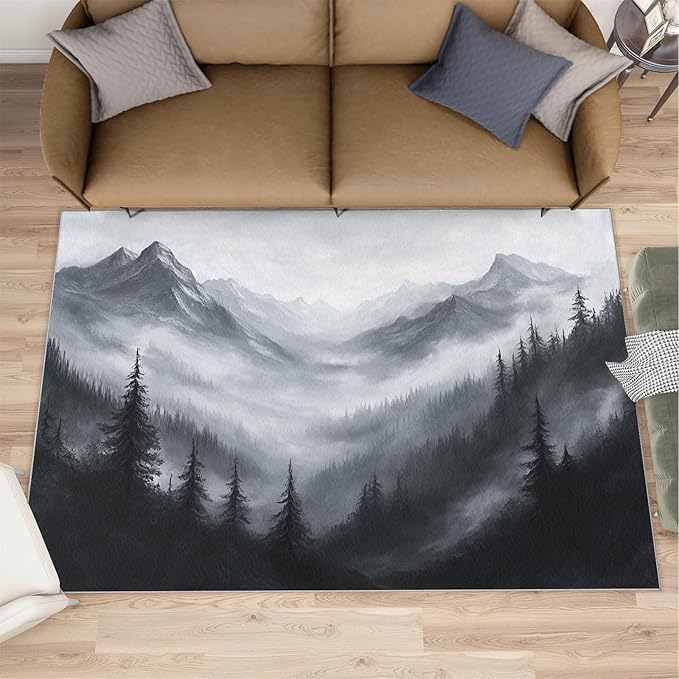 Misty Forest Rugs for Bedroom - 6x9 Area Rug - Modern Black White Art Rugs for Living Room, Natural Landscape Rug, Washable Home Decor Carpet