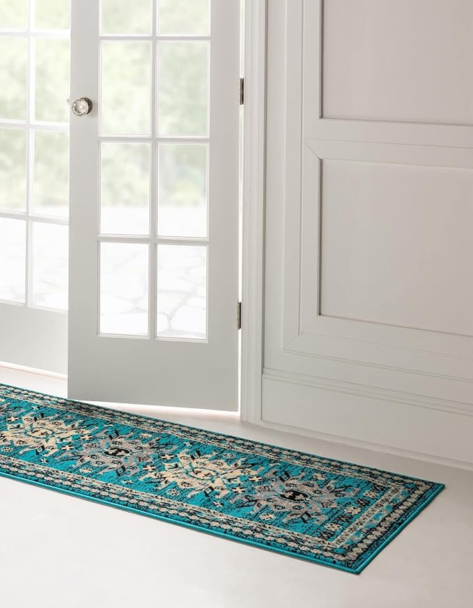 Unique Loom Taftan Collection Border Geometric Tribal Inspired Design Area Rug (2' 2 x 8' 2 Runner, Turquoise/ Gray)