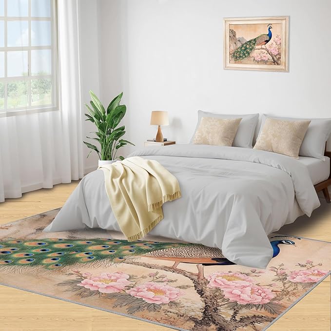 Peacock Peony Area Rug 3x5-3x5 Rug, Classic Peacock Peony Rugs for Living Room, Floral Animal Carpet, Peafowl Feather Washable Area Rugs for Bedroom, Aesthetics Carpet - Peafowl Home Decor & Gifts