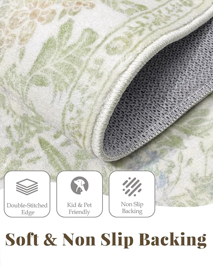 Boho Sage Green Bedside 3x5 Washable Rug for Bedroom, Thin Botanical Vintage Area Rug for Large Entry, Dorm, Kitchen, Foyer, Mudroom, Laundry - Cottage Core Low Pile Non Slip Indoor Front Door Carpet