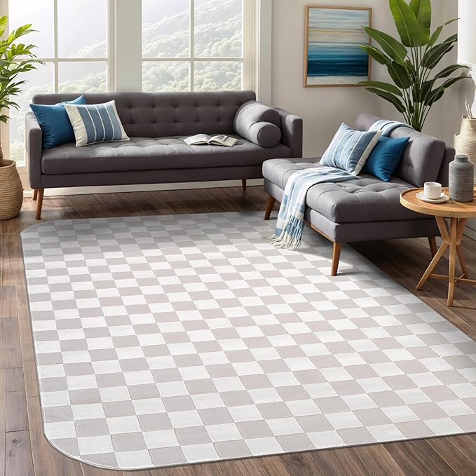 Beverly Rug Modern Geometric Area Rug 6x9 Low-High Pile Durable Soft Abstract Checkered Indoor Rugs for Living Dining Room Office Stain Resistant Non Shedding Casual Indoor Carpet Beige White 6 x 9