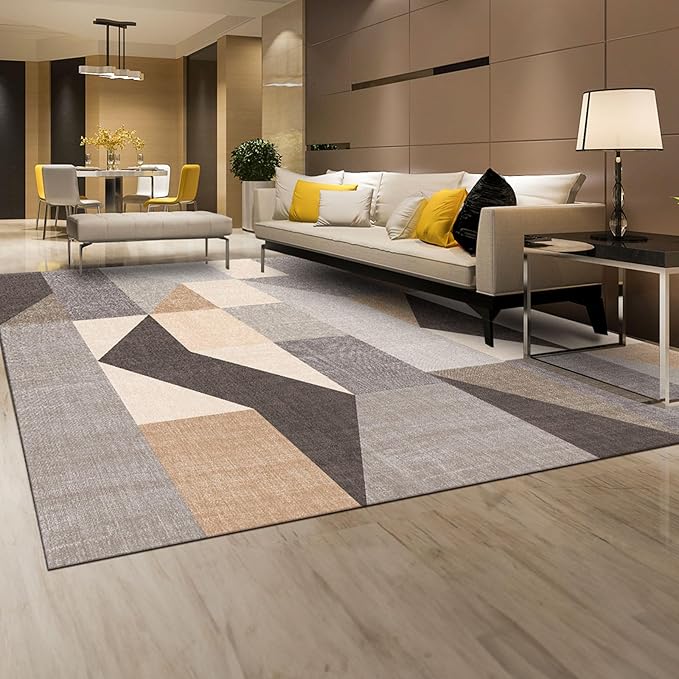 HOMFINE Washable Modern Area Rug - Geometric Style 6x9 Rugs for Living Room, Bedroom, Machine Washable Rug Soft Non Slip Non Shedding Area Rug - Grey Brown, 6'x9'