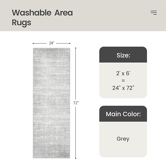 Valenrug Washable Rugs 2x6 - Stain Resistant 2x6 Area Rugs for Living Room, Non Slip Backing Large Area Rugs for Bedroom, Folable Machine Washable Area Rug (2'x6', Grey)