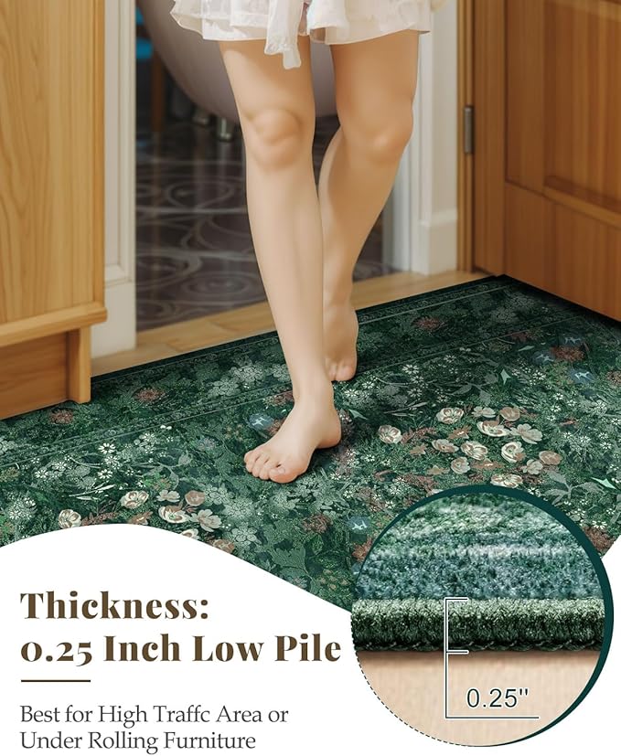 Green Cottagecore Washable Floral Rugs for Entryway - 2x3 Small Vintage Throw Rugs for Kitchen, Bathroom, Laundry, Indoor Entrance - Low Pile Non Slip Thin Rug, Boho Distressed Front Door Floor Mat