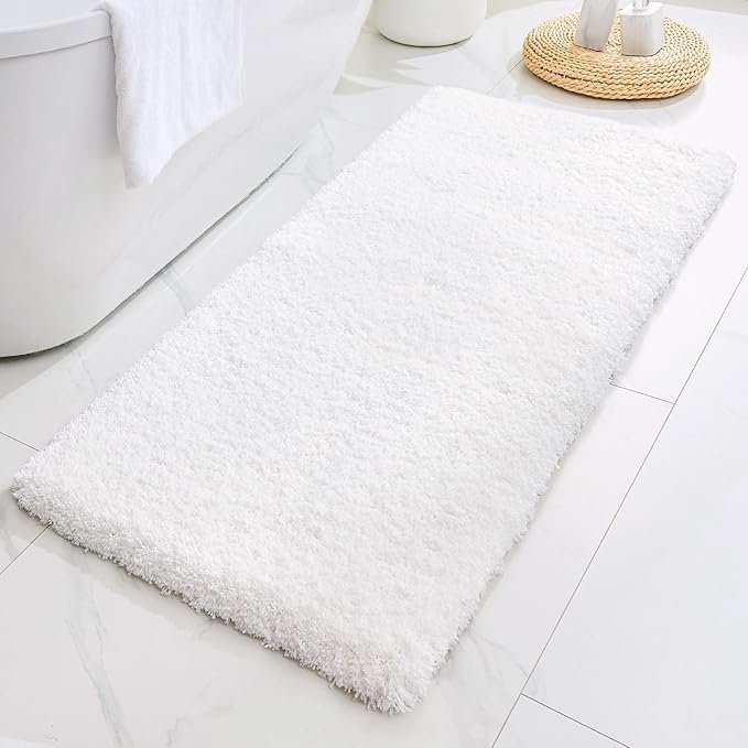 White Bathroom Runner Rug 24x59 Non Slip Fluffy Long Bath Mat for Bathroom Floor Washable Plush Luxury Bath Rug for Tub Absorbent Shower Sink Mat Bedside Rug