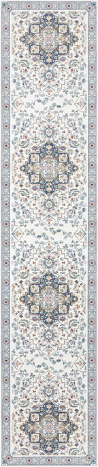 Phantoscope Washable Runner Rug 2'x10' Non-Slip, Vintage Boho Hallway Rugs for Entryway, Stair, Bedroom, Persian Floral Medallion Pattern, Low-Pile Foldable Floor Carpet, Ivory Blue/Garden Bloom