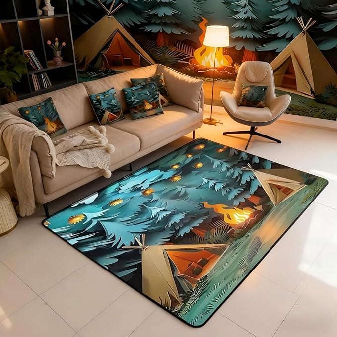 Camping Large Area Rug 5x7 Woodland Camp Living Room Rug | Vintage Camfire Tent Rugs for Bedroom, Camper Decor Rustic Carpet Indoor Floor Mat,Farmhouse Decor
