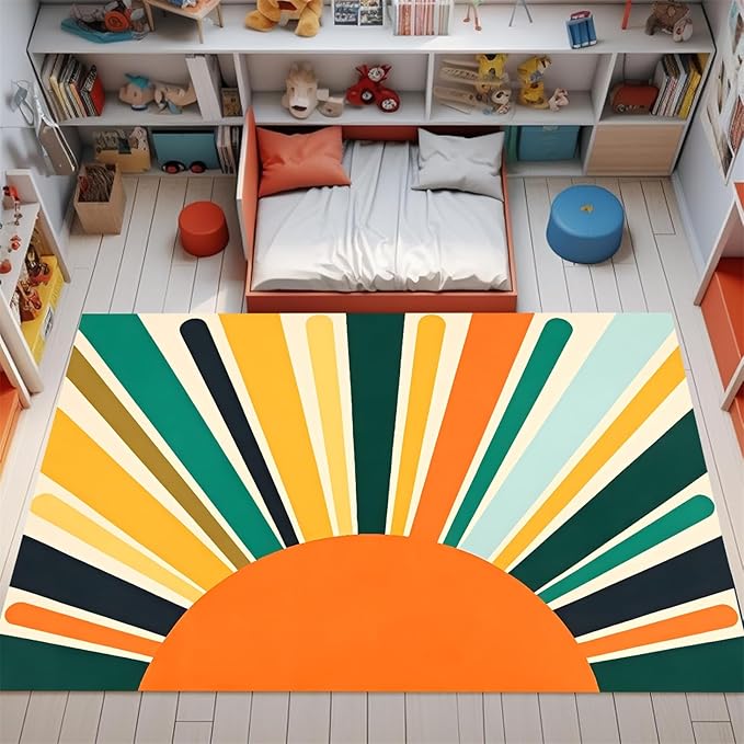 Rainbow Sun Modern Boho Large Area Rugs,4x6ft,Minimalist Living Room Bedroom Decor Rug Ultra-Soft, Fluffy, Lightweight Indoor Carpet with Non-Slip Backing for Kids Nursery Play Room