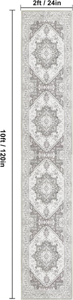 XWZO Runner Rug 2x10ft for Long Hallways, Washable Non-Slip Low Pile Area Rug with Rubber Backing, Spill Resistant Soft Vintage Floor Carpet for Kitchen Entryway Stair Landing Living Room, Grey