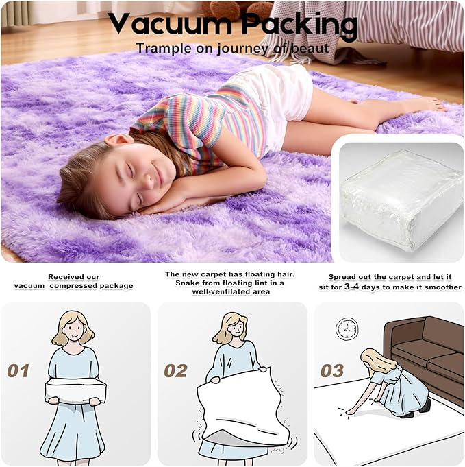 4x6 Rugs for Bedroom, Fluffy Small Area Rugs for Living Room,Soft Shag Fuzzy Carpet with 4 Non-Slip Stickers for Kids Boys and Girls Nursery Room Dorm Home Decor (Tie-Dyed Purple, 4ft x 6ft)