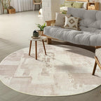 GLN Rugs Contemporary Collection - Machine Washable Area Rug, Contemporary Washable, Non Slip, Low Pile Chenille Rug, Living Room, Bedroom, Kitchen Rug (5'3" Round Abstract Tan)
