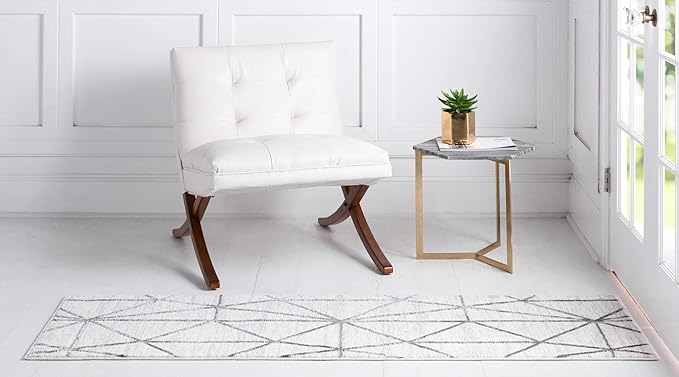 Rugs.com Lattice Trellis Collection Rug – 6 Ft Runner White Low-Pile Rug Perfect for Hallways, Entryways