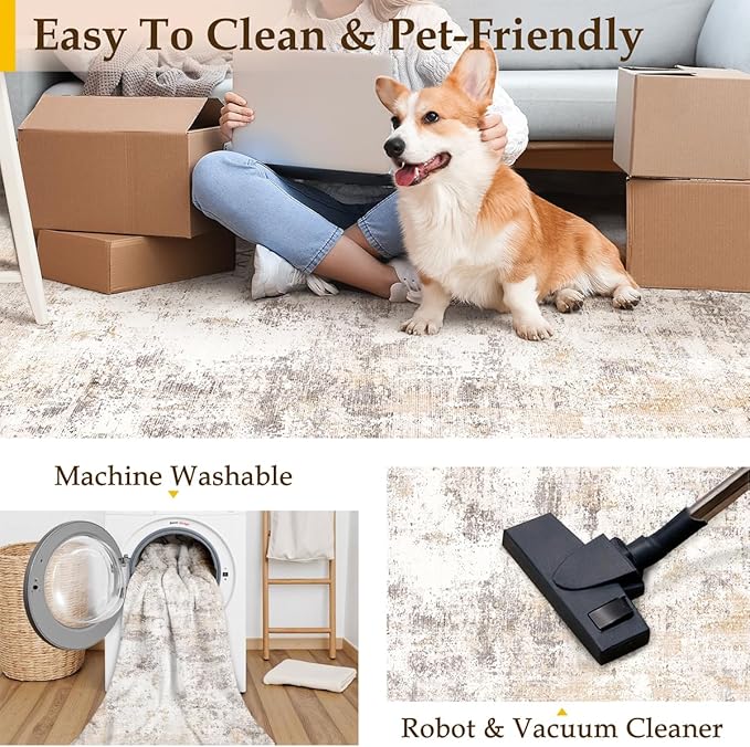 2x7 Washable Runner Rug Beige Grey Abstract Hallway Kitchen Throw Rug Neutral Modern Non Slip Soft Low Pile Carpet for Bathroom Laundry Bedroom Living Room