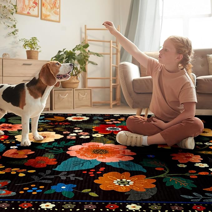 Floral 3x5 Area Rug Machine Washable Soft Print Boho Carpet Non Slip Doormat Low Pile Flower Area Rugs for Living Room Bedroom Nursery Kitchen Dining Room Indoor-Black
