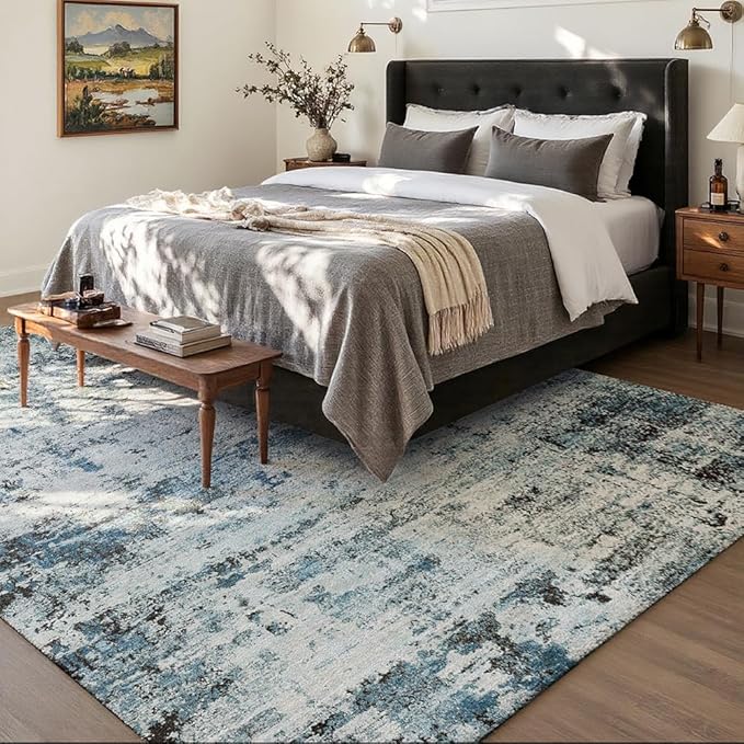 Area Rug 9x12 Washable Rug Blue for Living Room, Dining Room, Bedroom, Large Carpets, Non Slip & Non-Shedding Low Pile Vintage Print Rug for Home Office Decor