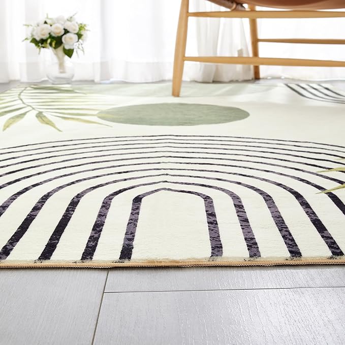 RoomTalks Mid Century Modern Washable Rug, Green Boho Cute Aesthetic 5x7 Area Rugs for Bedroom Dining Room Living Room Office, Abstract Tropical Leaves Thin Shaggy Indoor Entryway Rug Carpet