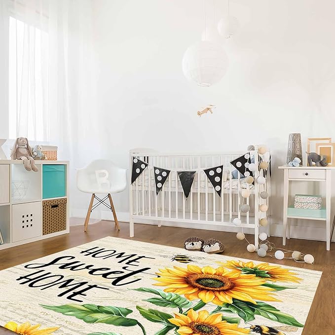 Summer Sunflowers Rectangular Area Rugs for Living Room Bedroom 5 x 6.9 ft Rustic Floral Bees Green Leaves Non-Shedding Soft Low Pile Rug Non Slip Washable Rug for Nursery Entryway Playroom