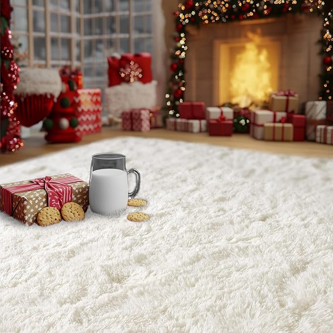 Cream White Plush Rug for Living Room Fuzzy Carpet for Bedroom Dorm, Non-Slip High Pile Rug, Shag Rug for Playroom Nursery Home Office Decor 8X10 Ft