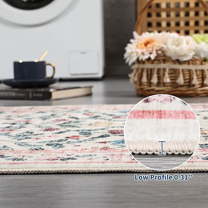 8x10 Washable Floral Distressed Rug, Vintage Farmhouse Area Rug for Living Room, Non-Slip Low Pile Soft Carpet for Nursery Bedroom Dining Room Home Office, Pink