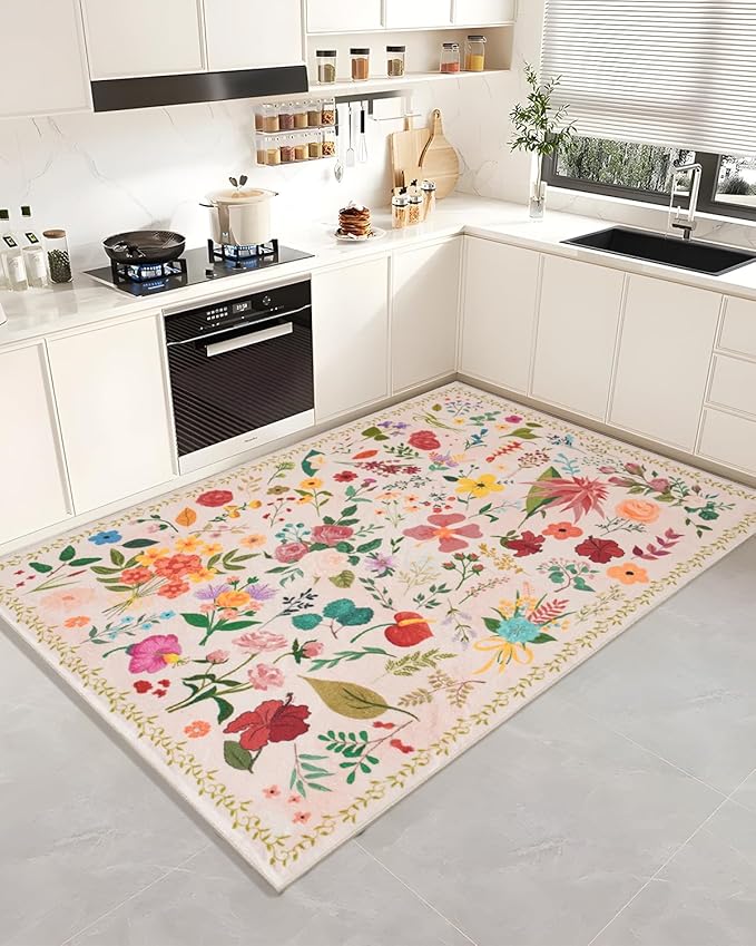 Boho Washable Area Rug 5x7 – Floral Low Pile Non-Slip Carpet for Living Room, Bedroom, Office, Playroom, Entryway, Kitchen, Dining Room (Beige)