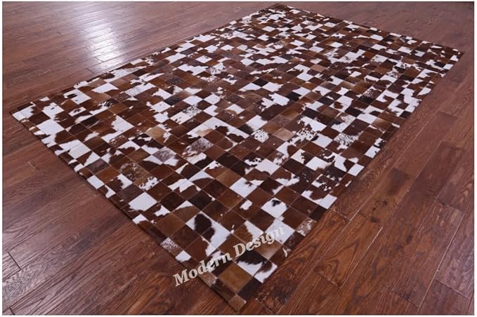 Modern Design Premium Cowhide Leather Carpet with Chevron Pattern, Area Rug (Brwon/White, 8x10)