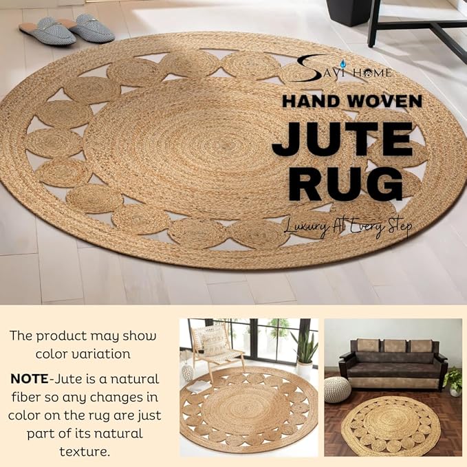 Savi Home Hand Woven Jute Braided Dot Rug, 3' Round - Natural, Reversible Area Rugs for Living Room, Farmhouse, Kitchen, Handcrafted 3 Feet Round Area Rugs - Natural