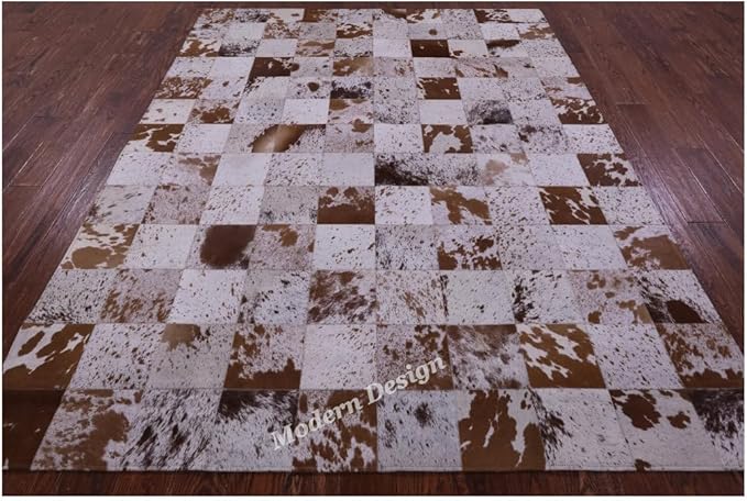 Modern Design Premium Cowhide Leather Carpet with Chevron Pattern, Area Rug (White/Brown, 6x9)