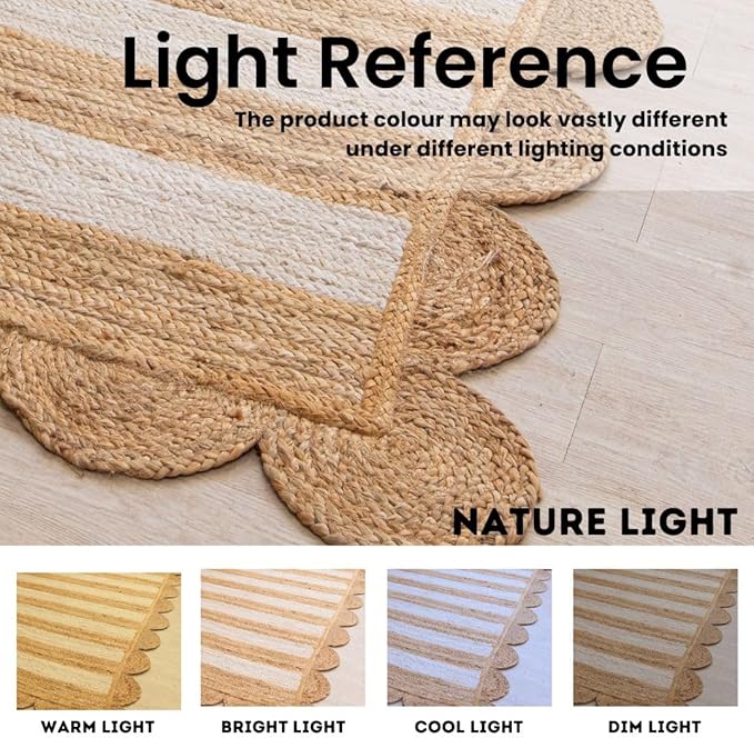 HOMEMONDE Scalloped 2'x6' Jute Runner Rug - Natural Braided Fiber - Handmade Boho Farmhouse Style Décor - Rustic Vintage Sustainable Area Rug for Entryway, Hallway, Kitchen, Bedroom, Living Room