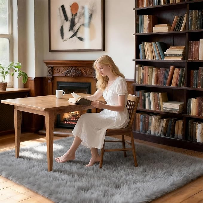 5x7 Solid Fluffy Grey Area Rug – Washable, Durable,Large Living Room Rug, Non-Slip High Pile Shag Rugs for Bedroom, Bedside, Dorms, Nursery Rooms, Kids Room, Soft Indoor Floor Carpet Decor
