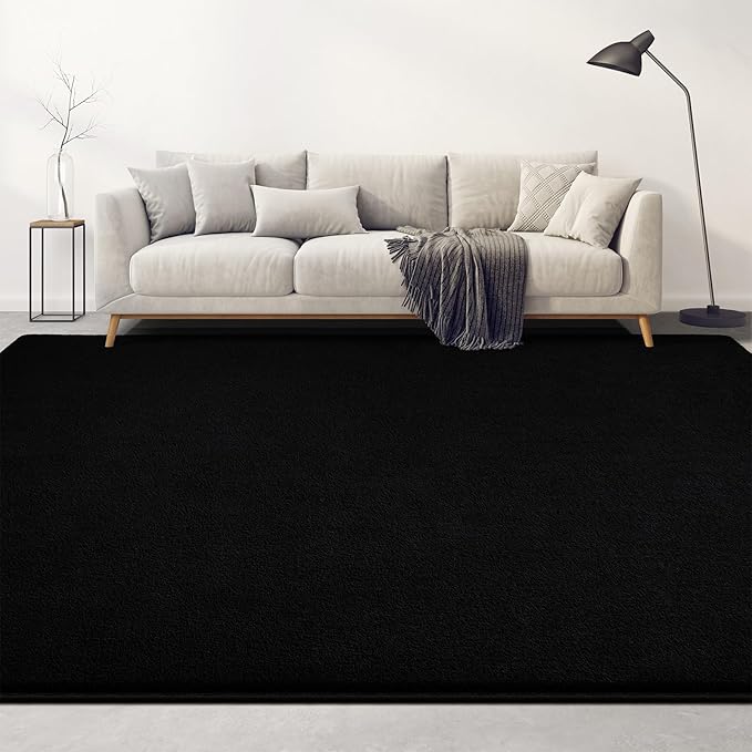 Large Area Rugs for Living Room Bedroom, 7x10 Feet Black Rug, Minimalist Modern Shag Rug, Soft Thick Comfy Memory Foam Indoor Carpet, Non-Slip Washable Rug for Boys Girls Dorm Nursery Room Home Decor
