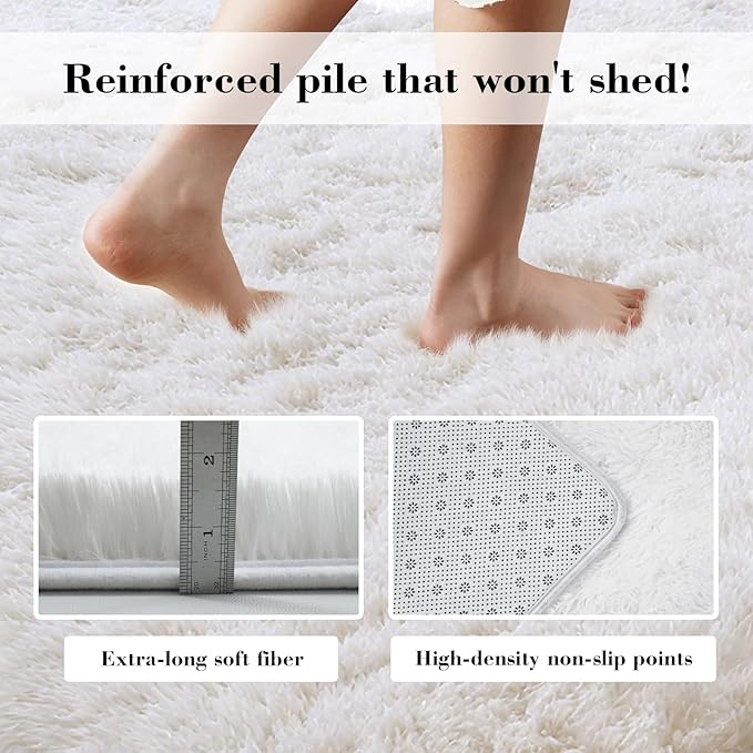 Fluffy Rug Shaggy Area Rug, White 3x5 Area Rugs for Bedroom, Small Bedside Rug, Soft Fluffy Shaggy Entryway Throw Rugs for Living Room Bedroom Kids Room Home Decor